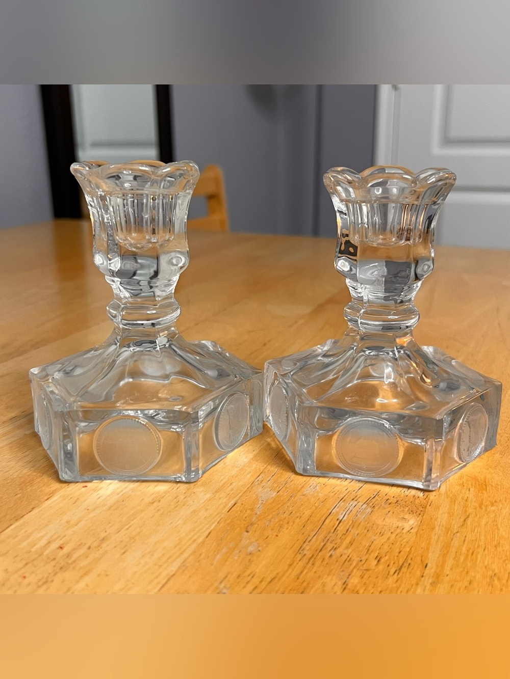 Fostoria Glass LIBERTY COIN CANDLESTICKS Set of 2, Clear Glass 4.5” Tall